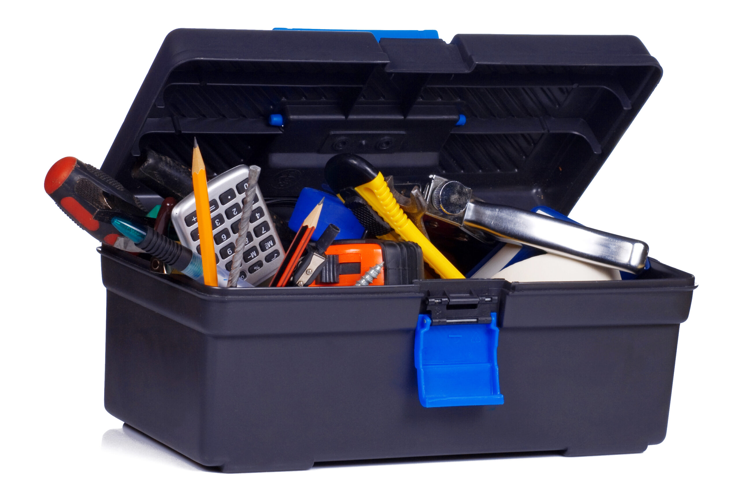 box with tools on white
